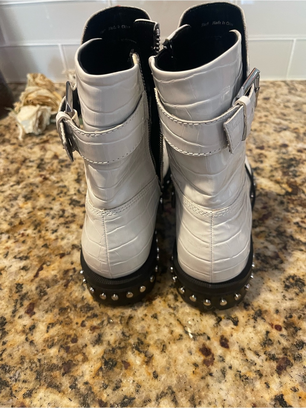 Dolce Vita White Croc-Embossed Lace-Up Studded Ankle Boots - Picture 5 of 7